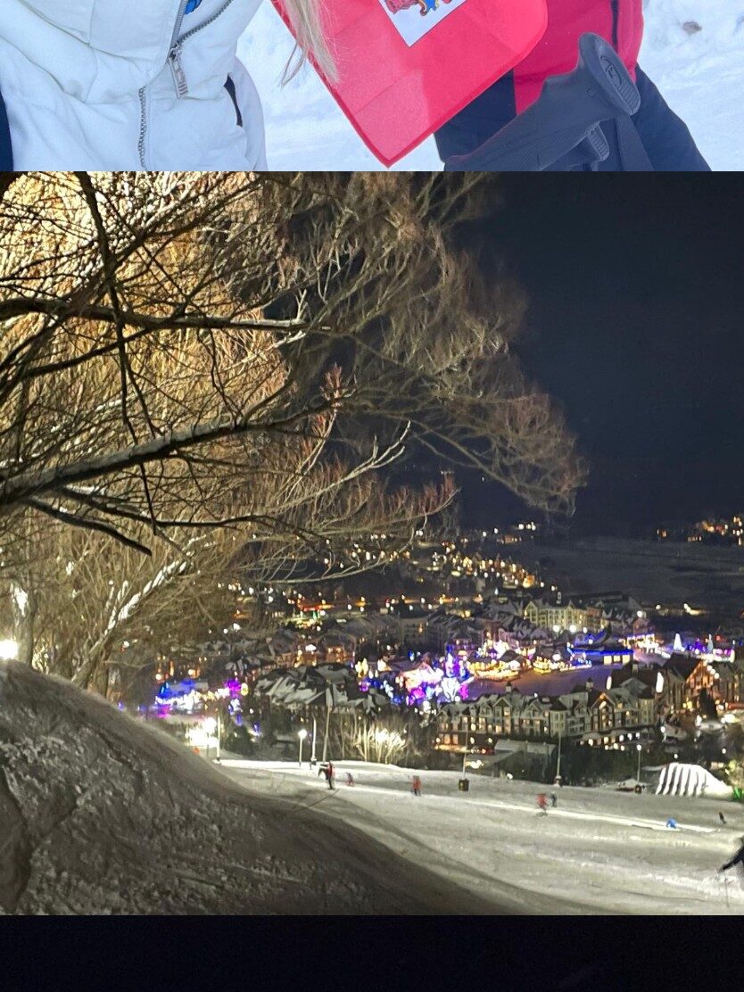 Skiers gathered at the base of Blue Mountain